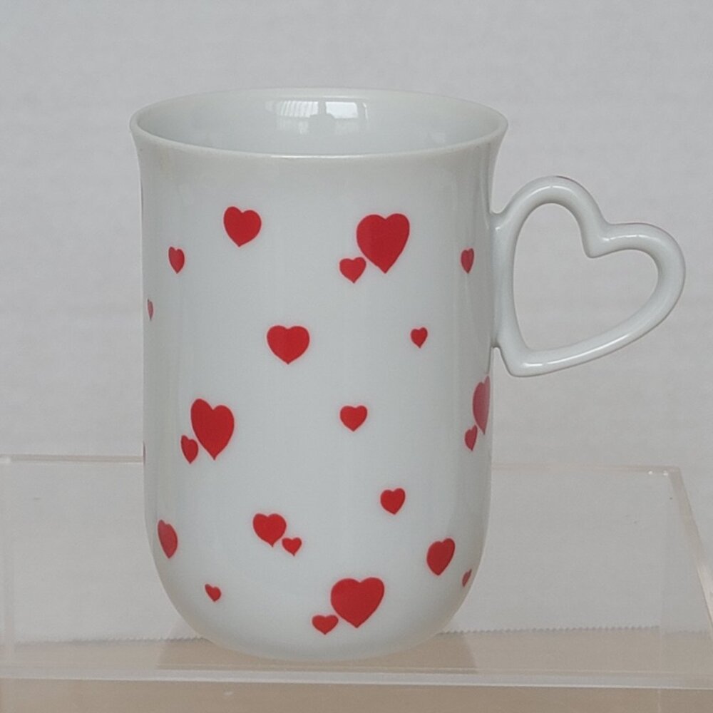 Lefton Japan Porcelain Hand Painted Hearts Valentine's Mug Cup Heart Handle 8 oz